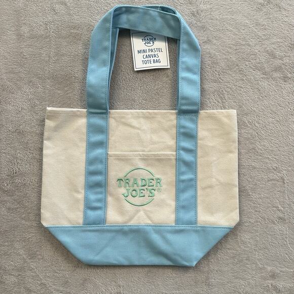Trader Joes Mini Pastel Canvas Tote Bag Blue🔥New With Tags🔥 - Picture 1 of 6